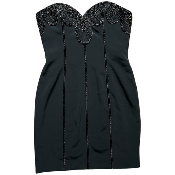 Vintage Oleg Cassini Black Tie Black Strapless Beaded Mini Cocktail Dress Sz 10 - Picture 1 of 5
